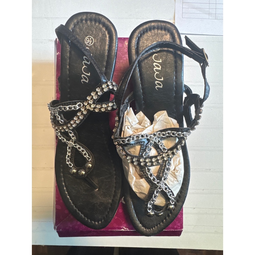 Ja Ja Ruby-02 Wedge Sandals Women 9.5 Black New Rhinestone Chain Strappy - Picture 2 of 6